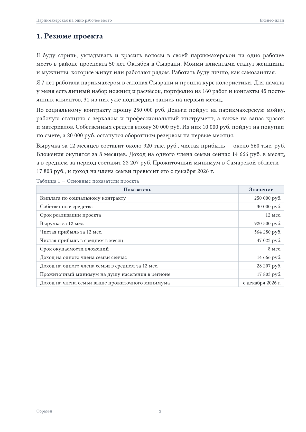 Страница бизнес-плана: резюме проекта и основные показатели