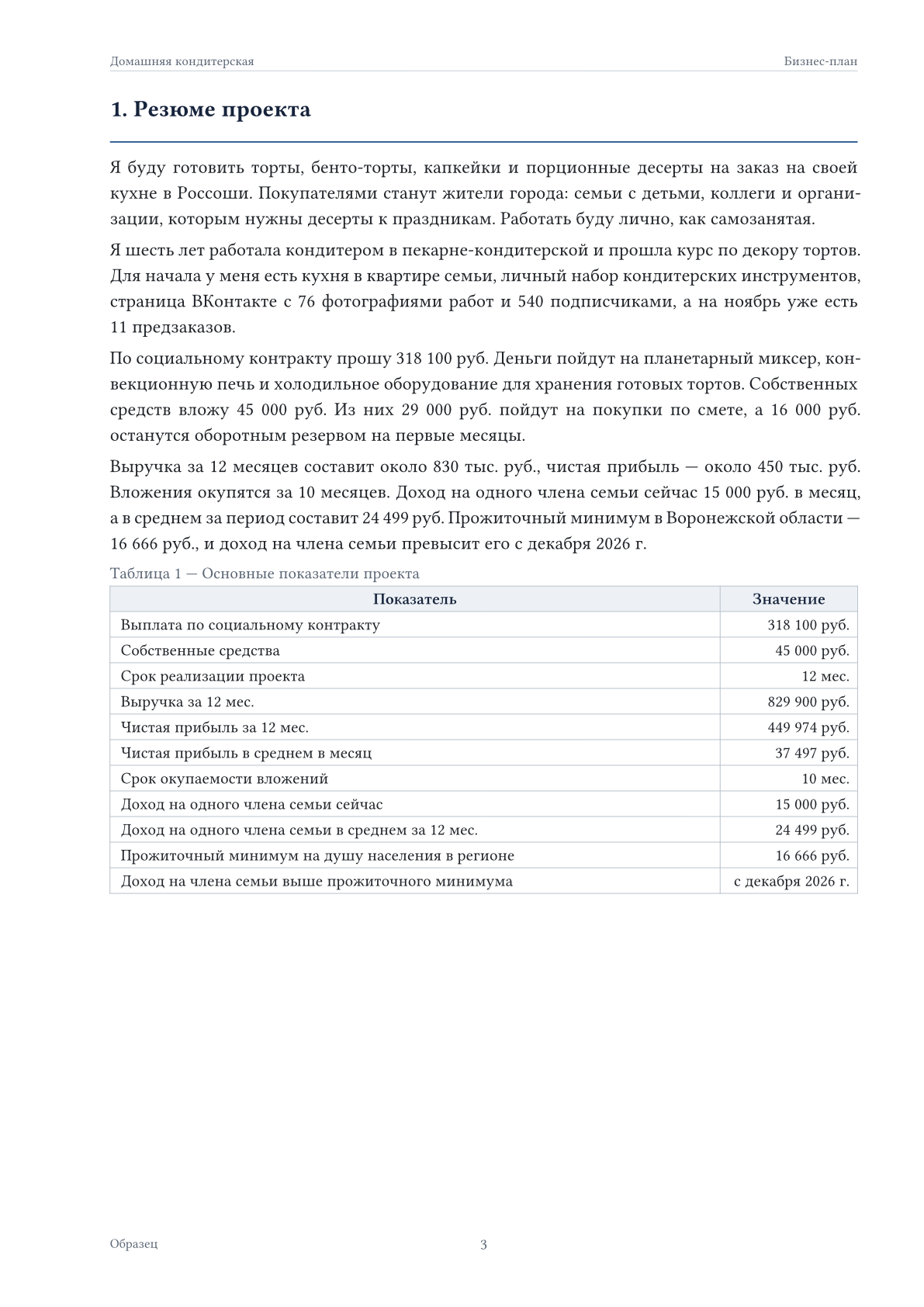 Страница бизнес-плана: резюме проекта и основные показатели
