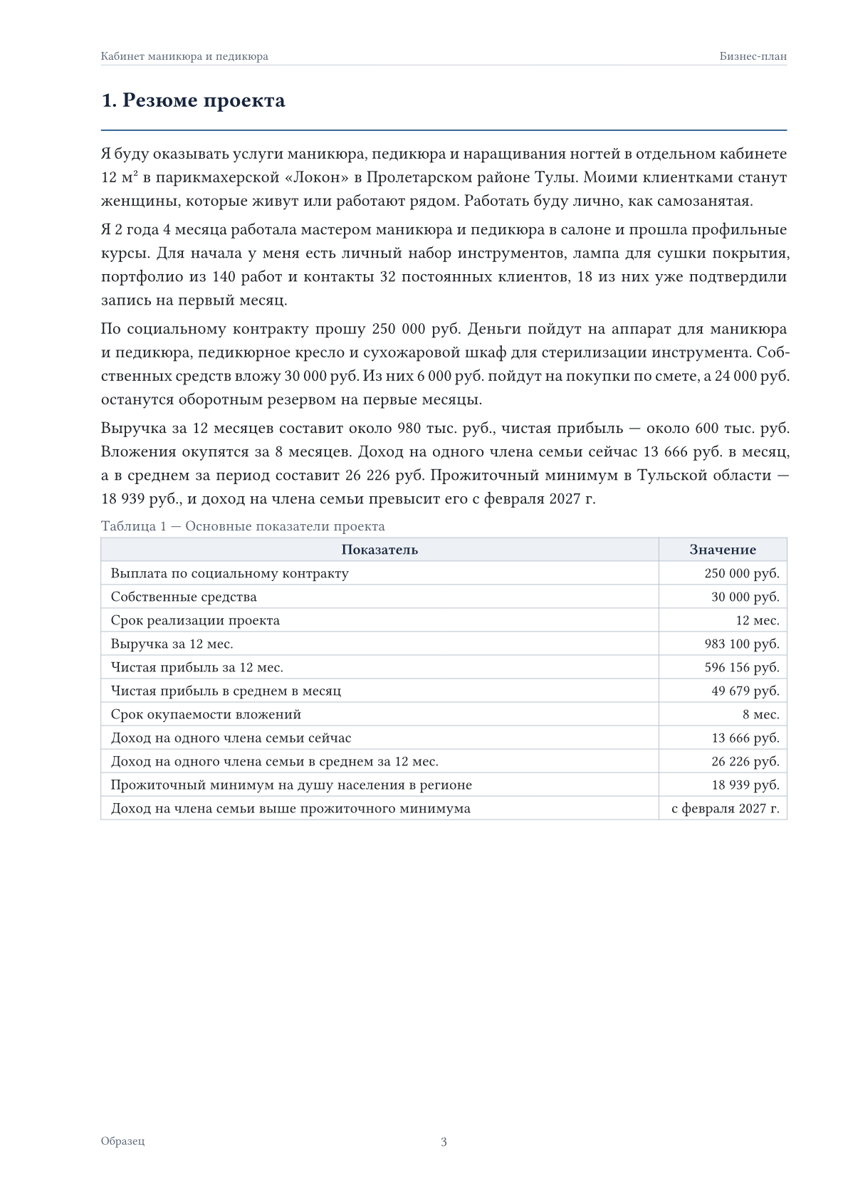 Страница бизнес-плана: резюме проекта и основные показатели